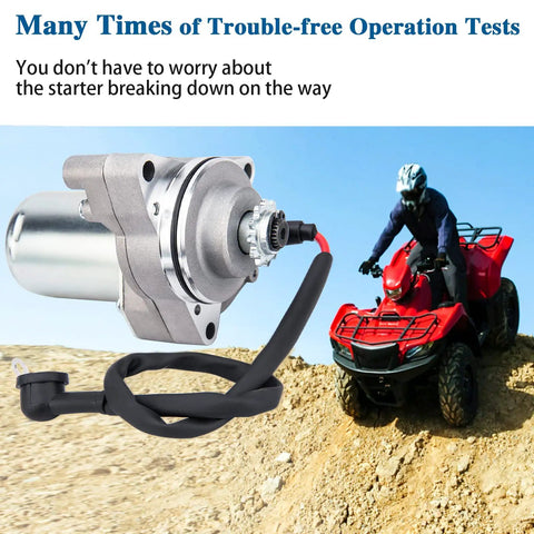Universal 3 Bolt ATV Starter Motor Fits 50Cc To 125Cc Quad Go Karts Dirt Bikes Pit Bikes Dune Buggies Sand Rails With Line Replacement Crank 4 Stroke High Torque Easy Install Direct Fit shown next to ATV.