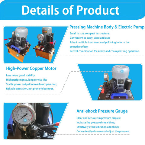 Diagram of 100 Ton Hydraulic Pin Press for Excavators, showing electric pump, copper motor, and pressure gauge features
