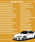 Compatibility chart for Hyundai and Kia models including 2015-2017 Accent, 2017-2020 Cadenza, with car illustration