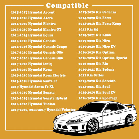 Compatibility chart for Hyundai and Kia models including 2015-2017 Accent, 2017-2020 Cadenza, with car illustration