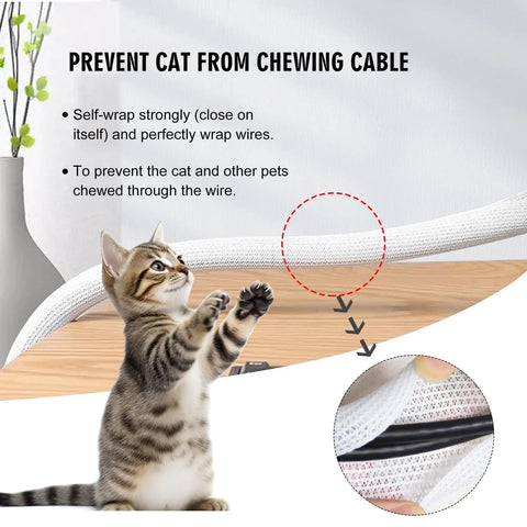 Cat reaching for Dog Proof Pet Resistant 25ft Cord Protector Sleeves, 1/2 Inch Thick Wire Cable Cover White, showing cable protection.