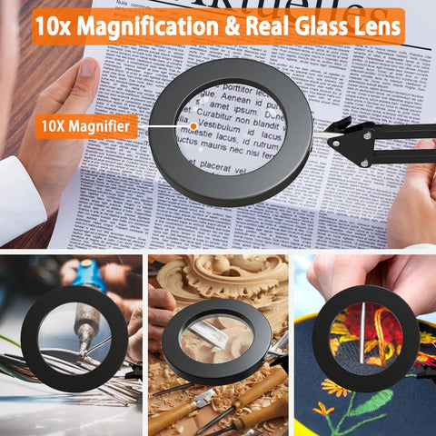 10X LED Desk Magnifier With Stand And Real Glass Lens used for reading, crafting, soldering, and detail tasks with adjustable arm.