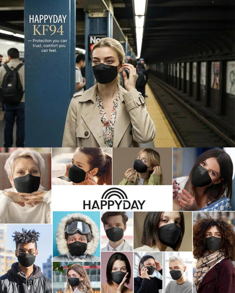 Woman wearing Top Notch KF94 Mask For Adults Black Individually Packaged 30 Masks Made In Korea Premium Micro Dust Protection