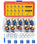 All In One Potentiometer Kit With 46 Pieces Including 1K To 100K Ohm Linear Rotary Taper Potentiometers Multi Turn Trimmers WH148 Knobs And A Mini Screwdriver Washers And Nuts For Do It Yourself Electronics Projects displayed in an open box