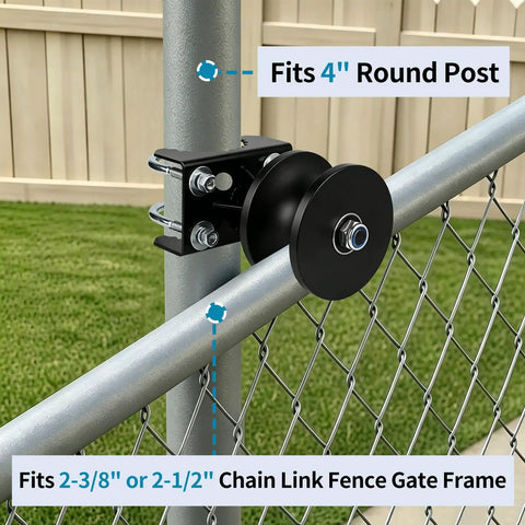 Cantilevered Gate Roller Built Tough With Heavy Duty Nylon Wheel And Weather Resistant Frame, Steel U Bolt And Mounting Hardware For Quick Install Fits Four Inch Round Posts And Two And Three Eighths Inch Or Two And A Half Inch Chain Link Fence Frames on 4 in post