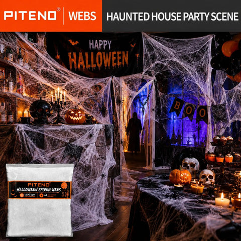 1200 Square Foot White Stretchable Halloween Spider Webs With Forty Fake Spiders For Haunted House Yard Porch Indoors And Parties That Serve Kickass Spooky Vibes, decorated party scene.