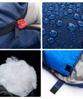 4 Season Sleeping Bag With Pillow For Camping And Backpacking, waterproof and insulated, red zipper, blue fabric, fiber filling