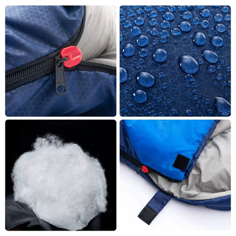 4 Season Sleeping Bag With Pillow For Camping And Backpacking, waterproof and insulated, red zipper, blue fabric, fiber filling