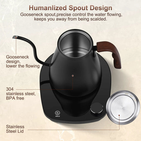 Top view of Gooseneck Electric Kettle with Smart Temperature Control, 0.9L stainless steel interior, black design on base