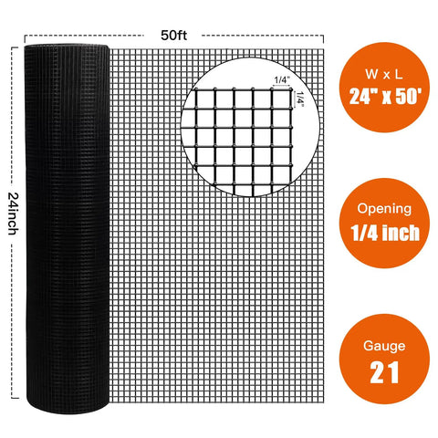 Tough As Nails 24 Inch X 50 Feet Black PVC Coated Chicken Wire Fence Heavy Duty Galvanized Hardware Cloth Roll with 1/4 inch openings.