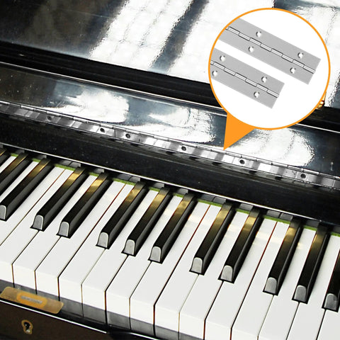 Tough as Nails Heavy Duty 12 Inch Stainless Steel Piano Hinges 4 Pack With 48 Screws shown with a grand piano for scale.