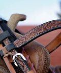 Best Therapeutic Poll Pad For Horses Far Infrared Heat TherapyRelieves Neck Pain Stiffness Jaw Tension And Cramping close-up of leather saddle and bridle detail.