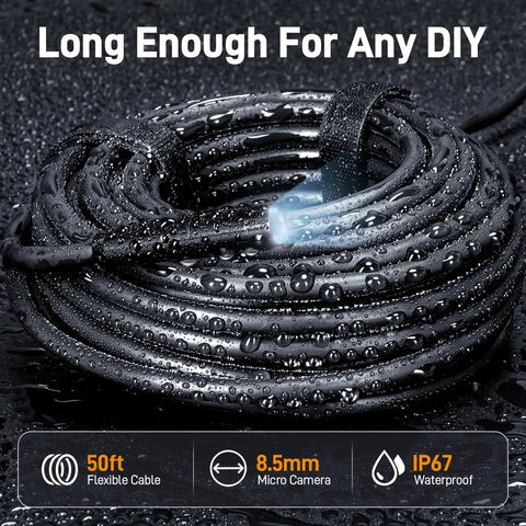 Coiled 50ft waterproof USB-C borescope camera with built-in light for iPhone and Android on wet surface, ideal for inspections.