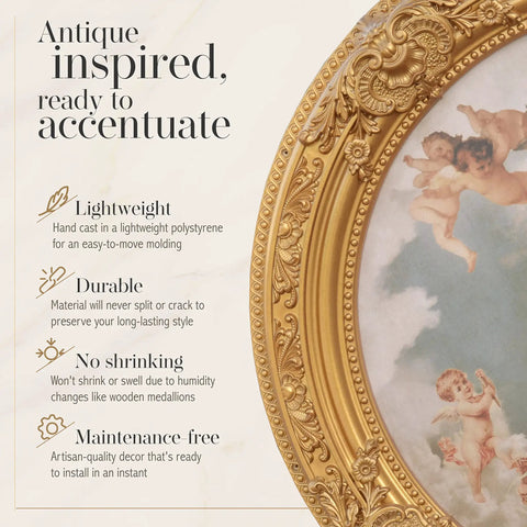 Antique Cherubs Sky Gold Trim Round Ceiling Medallion, 36 Inch Diameter Polystyrene Chandelier Plate, detailed gold frame view