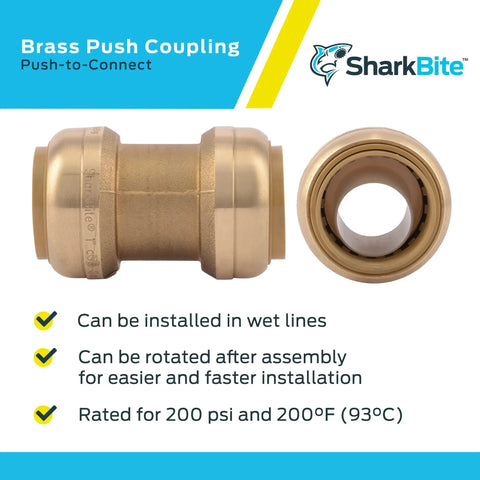 1 Inch Brass Push To Connect Plumbing Coupling For PEX Copper CPVC PE-RT HDPE Piping Easy Snap On Quick Connect Fitting No Solder Required Durable Brass Body