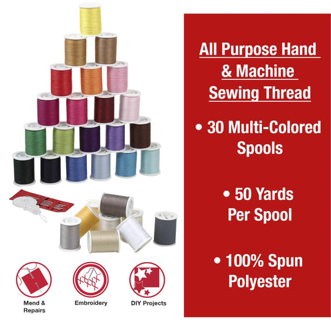All In One Polyester Sewing Thread Kit With 30 Assorted Colors And 50 Yards Per Spool Includes 5 Large Eye Needles And Needle Threader Awesome For Hand And Machine Sewing Great For Do It Yourself Repairs And Craft Projects.