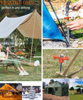Collage showing 10 Pack 8 Inch Heavy Duty Screw In Tent Stakes in outdoor settings with tent applications.