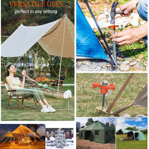 Collage showing 10 Pack 8 Inch Heavy Duty Screw In Tent Stakes in outdoor settings with tent applications.