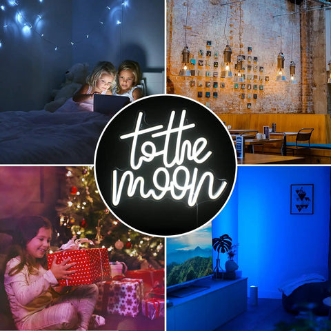 To The Moon Neon Sign LED Letters White Neon Light for Wall Decor in various settings, low voltage silicone LED moon sign.