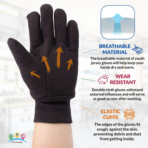Illustration of Unisex Brown Jersey Work Gloves 10 Inch Pack Of 24 Pairs Breathable Polyester Cotton Knit Wrist highlighting breathable fabric.