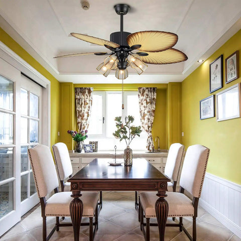 52 Inch Tropical Ceiling Fan With Light And Remote Control Palm Leaf Blades With 5 Glass Lampshades in dining room