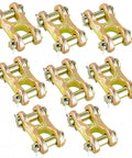 Eight Pack Three Eighths Inch Twin Clevis Links Zinc Plated G70 Forged Chain Repair Connectors For Truck And Trailer Safety Chains, 6600 Lb Working Load Limit, Beefy Heavy Duty Alloy Steel Construction. Eight zinc-plated twin clevis links on white background.
