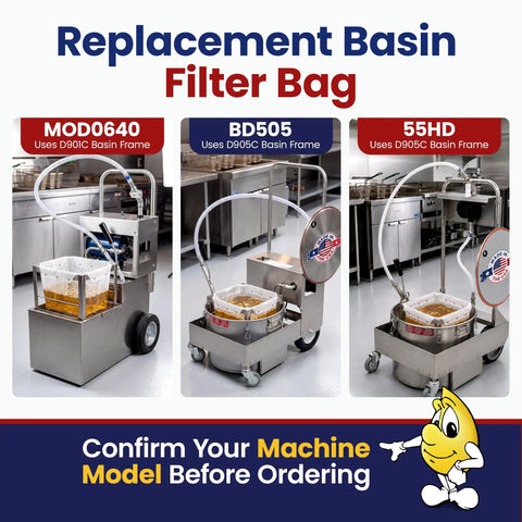 Top Tier Reusable Fryer Oil Filter Bag That Traps Tough Grease Grit And Saves You Serious Dough Compatible With Common Basins in use with filter machines.