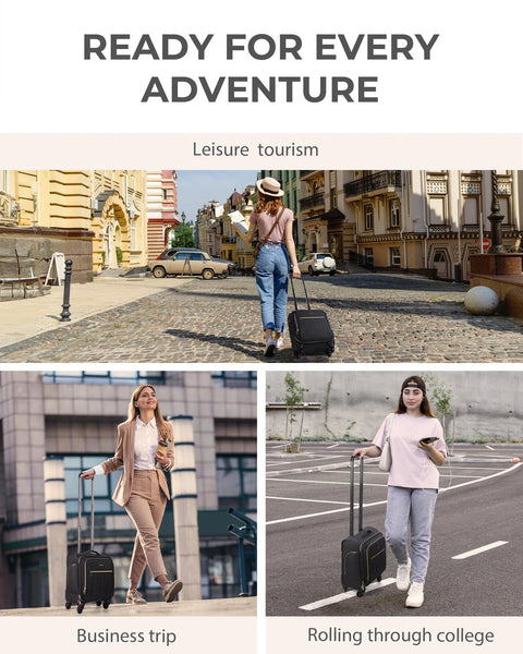 Three people using the underseat carry on luggage for air travel 16 inch softside case with spinner wheels in various urban scenes.