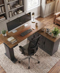 Cool L Shaped Electric Standing Desk With Brown And Black Finish, 55 Inch Big Top, Right Side Cabinet Return, Three Drawers For Storage, Height Adjustable Motorized Table For Home Office Setup in a stylish office setup.