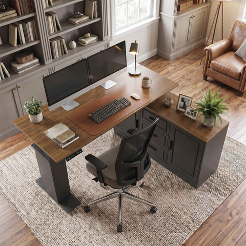 Cool L Shaped Electric Standing Desk With Brown And Black Finish, 55 Inch Big Top, Right Side Cabinet Return, Three Drawers For Storage, Height Adjustable Motorized Table For Home Office Setup in a stylish office setup.