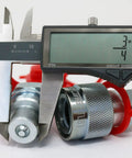 Heavy Duty Three Eighths NPT High Pressure Hydraulic Coupler Set, 10,000 PSI, shown with digital caliper measuring diameter