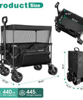Beast Mode Folding Wagon Cart With Canopy 445L Total Space And 440Lbs Capacity shown folded and assembled, with dimensions.