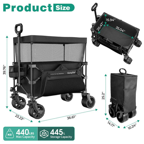 Beast Mode Folding Wagon Cart With Canopy 445L Total Space And 440Lbs Capacity shown folded and assembled, with dimensions.