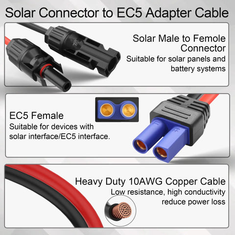 Hot Solar Connector To EC5 Adapter Cable With Heavy Duty 10 AWG Copper Wiring designed for seamless solar panel and battery connections.