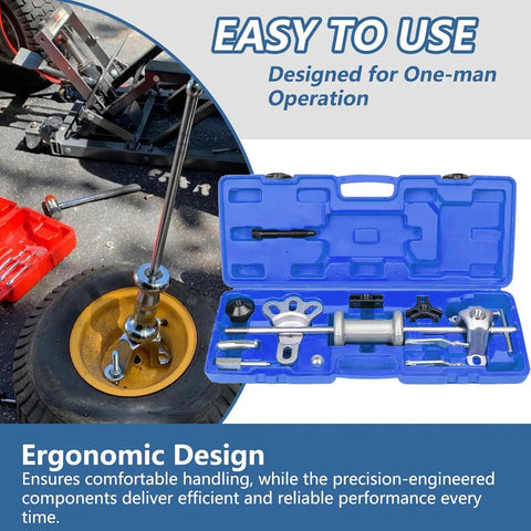 9 Way Slide Hammer Puller Set For Auto Hubs And Axles with case shown beside wheel application
