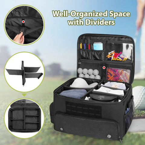 Heavy Duty Golf Trunk Organizer With Ventilated Shoe Compartment For Two Pairs Of Shoes Up To US Mens 16, shown with dividers