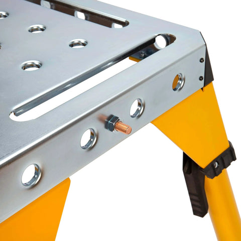 Close-up of adjustable height portable steel welding table and work bench with folding legs, 18 by 46 inch tabletop, versatile mounting slots.