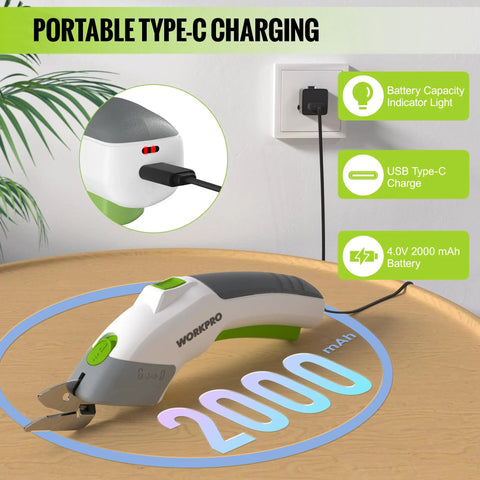 WORKPRO Cordless Electric Scissors With Dual Sharp Blades, Rechargeable Power Shears charging via USB Type-C on a wooden table.