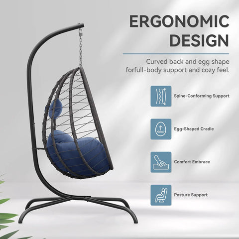 Foldable Egg Chair With Stand For Indoor And Outdoor Use Wicker Rattan Swing Chair 485 Lbs Capacity Strong Iron Frame UV Resistant Cushion Patio Balcony Blue shown from the side