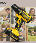 20 Volt Cordless Drill And Driver Combo Pack With Long Lasting Battery And Quick Charge Adapter Boasting Two Speed Modes Variable Trigger Lock And Twenty Five Plus One Precision Torque Adjustments Housed In Striking Yellow For Tough Jobsite Grinds And with 2Ah battery, showcasing ergonomic design for DIY tasks.