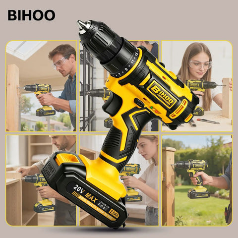 20 Volt Cordless Drill And Driver Combo Pack With Long Lasting Battery And Quick Charge Adapter Boasting Two Speed Modes Variable Trigger Lock And Twenty Five Plus One Precision Torque Adjustments Housed In Striking Yellow For Tough Jobsite Grinds And with 2Ah battery, showcasing ergonomic design for DIY tasks.