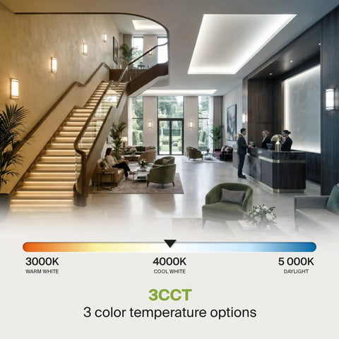 Kick Your Lighting Game Up Today With This Sleek Indoor LED Wall Sconce Sporting Brushed Nickel Finish And Adjustable 3000K 4000K 5000K Temps Plus Zero Hassle Mount And A Smooth Rust Proof Glow Built For Everyday Chill in modern lobby setting.