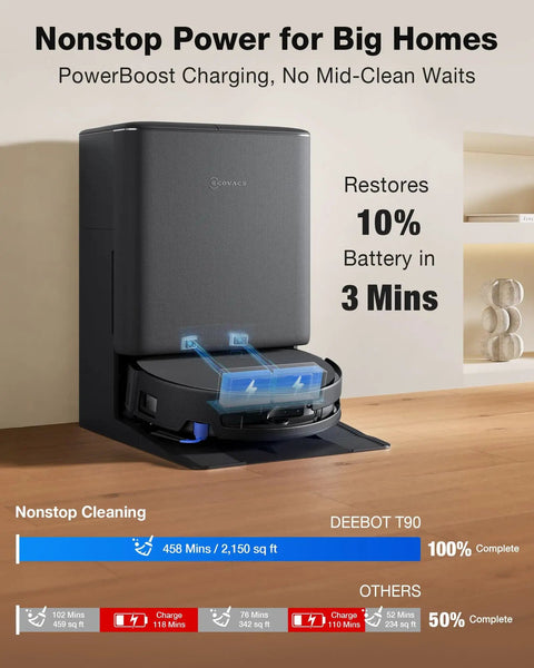 T90 Pro Omni Robot Vacuum And Mop With 30,000Pa Suction in charging dock, featuring PowerBoost Charging for nonstop cleaning