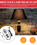 All-In-One DIY Lamp Kit With Black Finish displayed with wiring, socket, and hardware next to a completed lamp on a table.