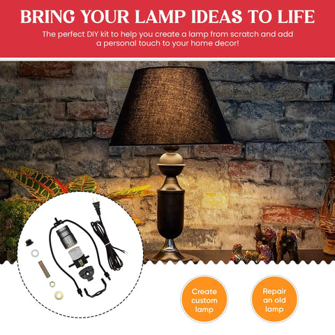All-In-One DIY Lamp Kit With Black Finish displayed with wiring, socket, and hardware next to a completed lamp on a table.
