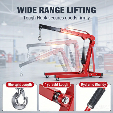Heavy Duty Folding Hydraulic Engine Hoist Two Ton Portable Garage Cherry Picker with tough hook and casters in an auto shop.