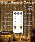 Warm White Curtain String Lights 300 LEDs 9.8x9.8 Ft Plug In Backdrop with remote control and lighting modes displayed