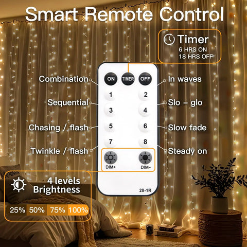 Warm White Curtain String Lights 300 LEDs 9.8x9.8 Ft Plug In Backdrop with remote control and lighting modes displayed