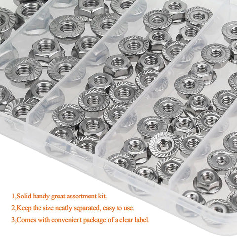 304 Stainless Steel Flange Nuts Assortment Kit 80 Piece Set 5 Sizes Serrated Hex Lock Nuts in a labeled storage box.