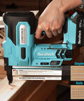 No Nonsense Heavy Duty 20V Cordless Brad Nailer And Staple Gun 18 Gauge close-up showing staples and nails for carpentry and upholstery work.